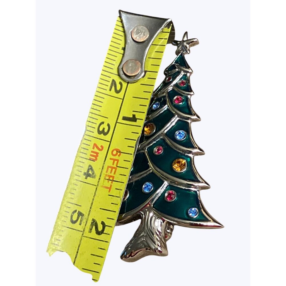 Silvertone Green Enamel Multicolored Crystal Christmas Tree Brooch Swan Marking - Picture 4 of 6